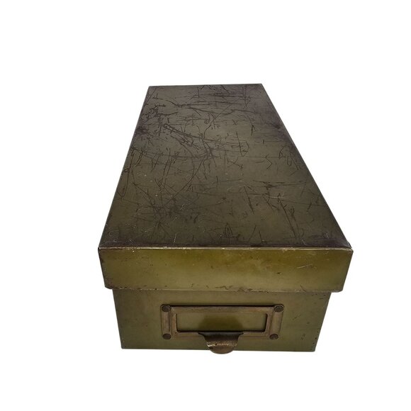 Vintage Metal File Storage Box Olive Green Distressed Finish With Lid Bankers - Picture 1 of 12